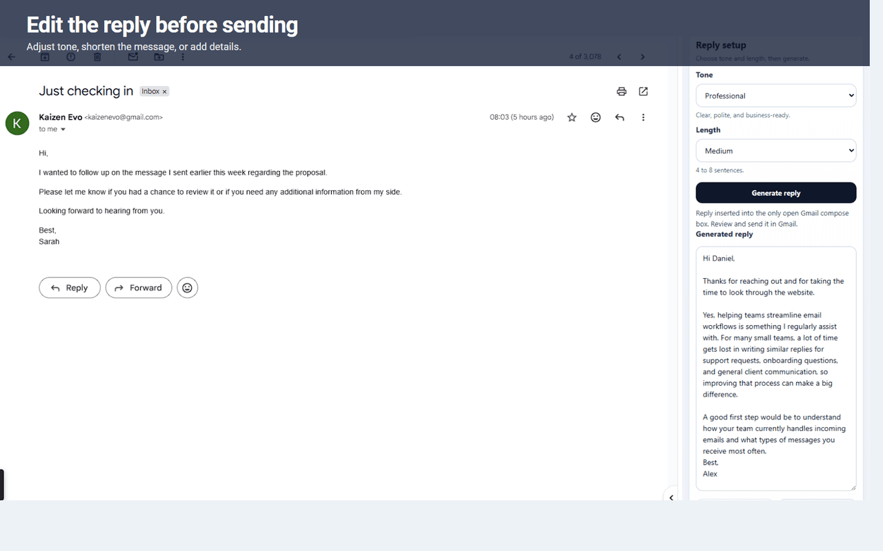 RepliStack Chrome extension editing a generated Gmail reply