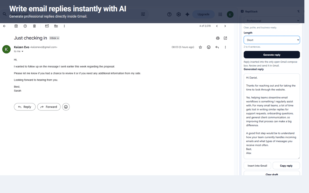 RepliStack Chrome extension generating a reply inside Gmail