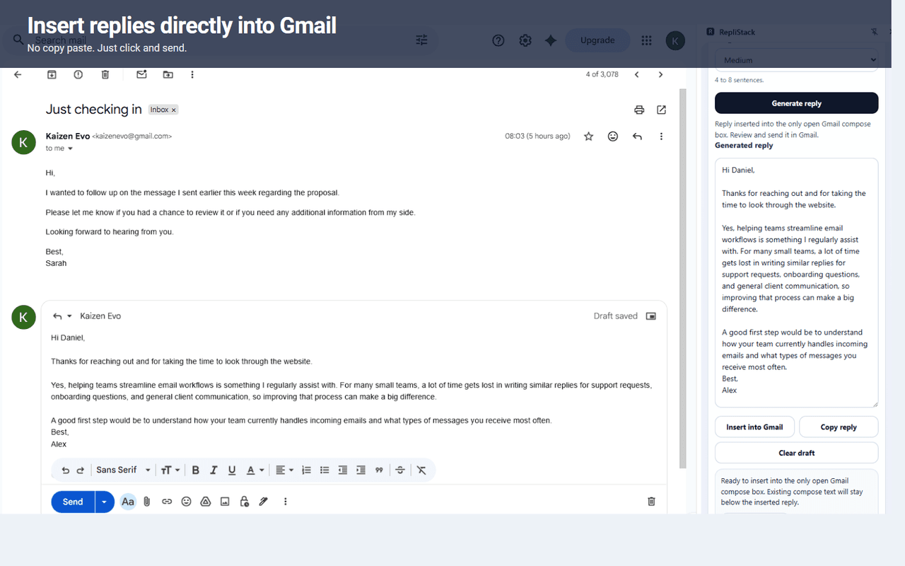 RepliStack Chrome extension inserting a generated reply into Gmail